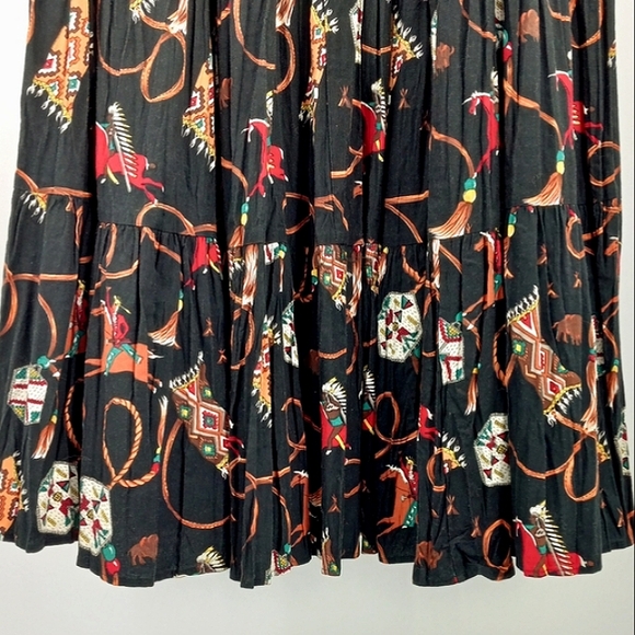 VINTAGE Circle T Native American Indian Chief Tribal Print Tiered Maxi Skirt M - Picture 10 of 13